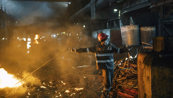 Industrial worker wearing safety gear overseeing hot work operations.